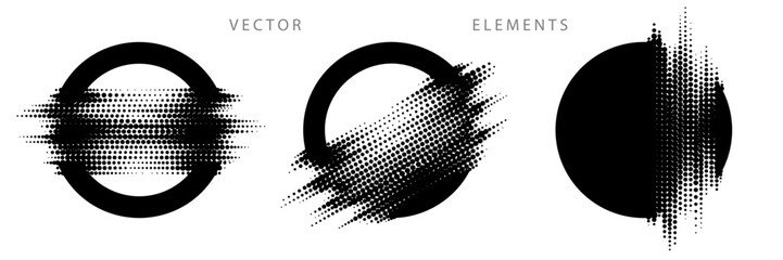 Set of Circular Graphic Elements. Glitch Halftone Texture. Vector Monochrome Illustration. - obrazy, fototapety, plakaty