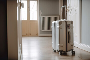 White suitcase, in the bright minimalist interior background. Travel, Holiday, Business, Concept. Generated Ai