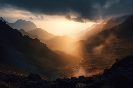 Beautiful valley in Northern mountains at sunset. Digitally generated AI image