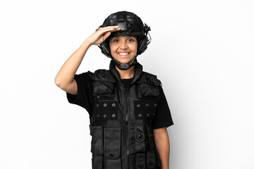 SWAT woman isolated on white background saluting with hand with happy expression