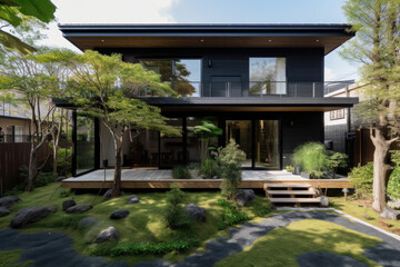 Fototapeta na wymiar Beautiful japanese modern house with a garden, generative AI