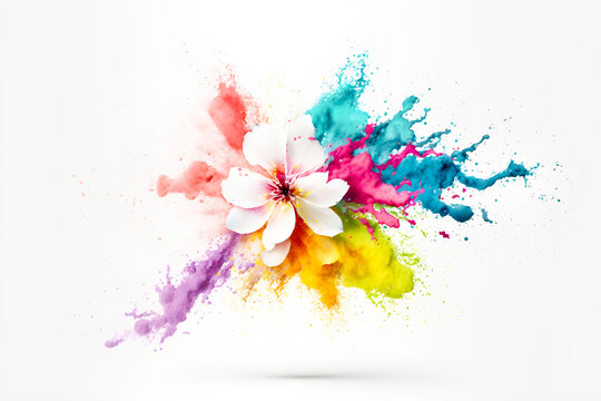 Color powder explosions with white magnolia flower. Symbol of Holi festival. Traditional Hindu festival that marks arrival of spring and is celebrated with splash of colors and flowers. Generation ai