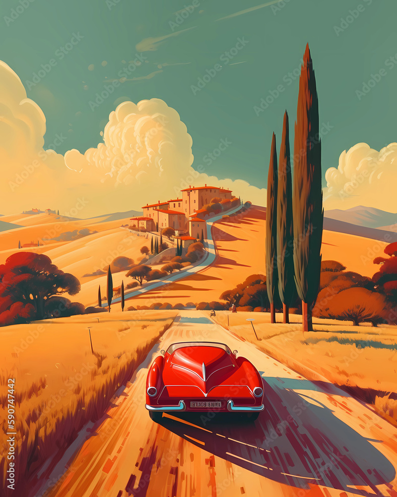 Wall mural illustration with a beautiful view of the hills of tuscany, italy