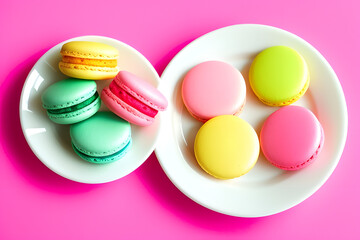 Fototapeta na wymiar Macarons cookies on a round white plate on pink background.