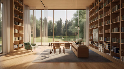 generate a large library in this style with large floor-to-ceiling windows that stands amidst a pine park on the lakeshore in a manicured, cheerful landscape and short-cut grass