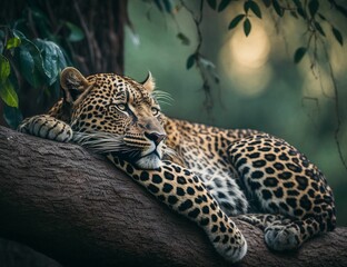 A Sri Lankan Leopard lounging on a tree branch in the lush jungle. 