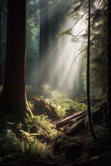 A tranquil scene of a misty morning in the forest with rays of sunlight shining through the trees, creating a serene and peaceful atmosphere. .made with generative ai.