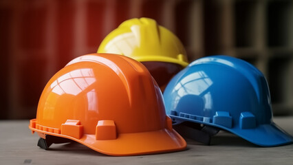 Orange, yellow, and blue hard safety helmet hats for safety projects  - obrazy, fototapety, plakaty