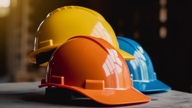Orange, yellow, and blue hard safety helmet hats for safety projects 