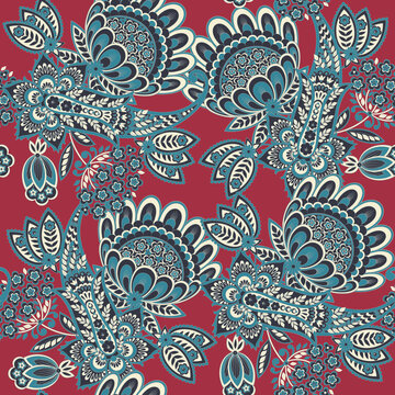 Seamless Paisley pattern in indian textile style. Floral illustration