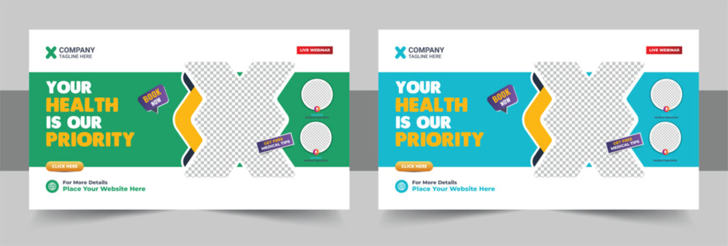 Medical healthcare video thumbnail or web banner video thumbnail, Thumbnail for hospital live workshop business template vector