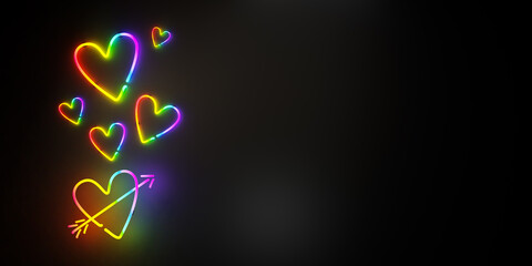 3D rendering of neon colorful glowing hearts