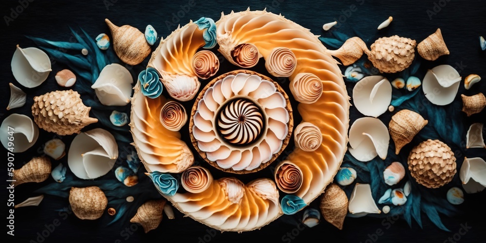 Poster an array of tasty shells, seen from above. generative ai
