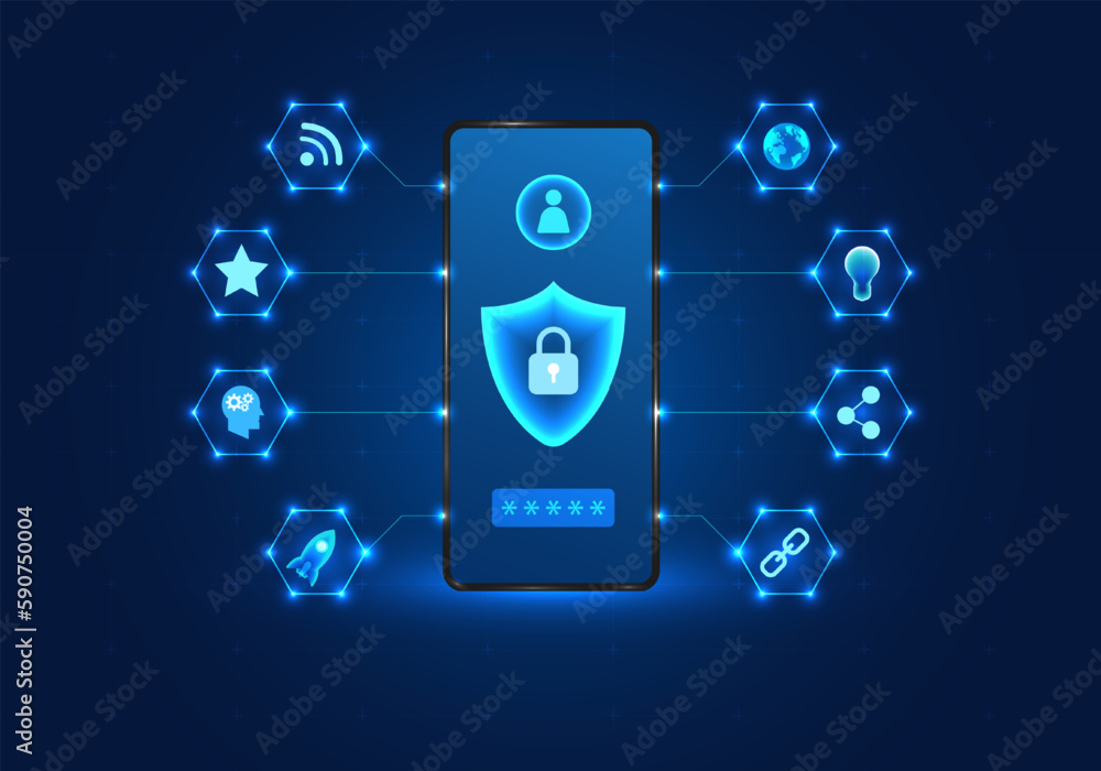 Poster smartphone technology with a shield on the front mobile phones have privacy protection technology or