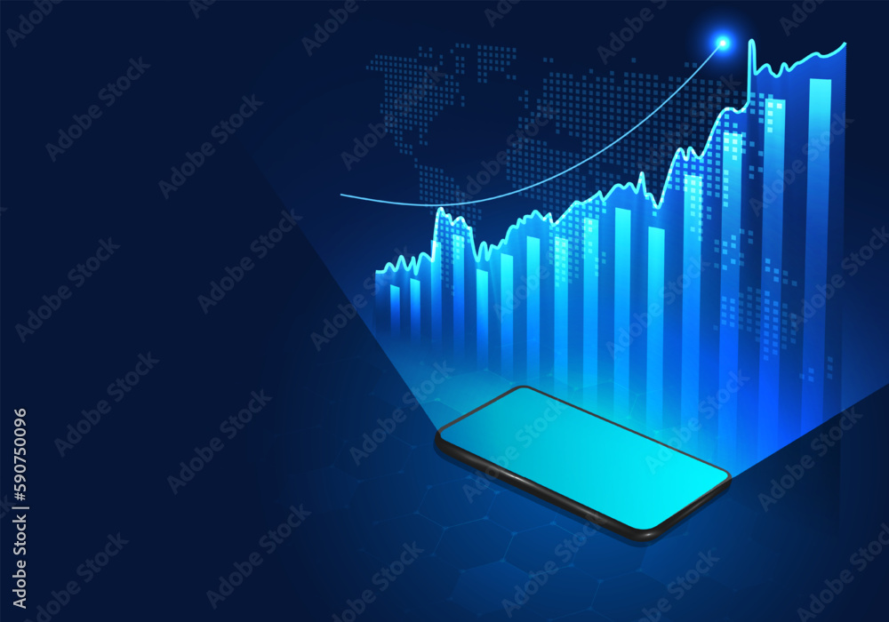 Poster smartphone technology shows a picture of a rising stock graph. a mobile phone is used to access a nu
