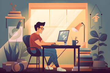 Fototapeta premium Workplace of freelancer working from home office, remotely and distant. Employee using laptop and computer for project. Generative AI