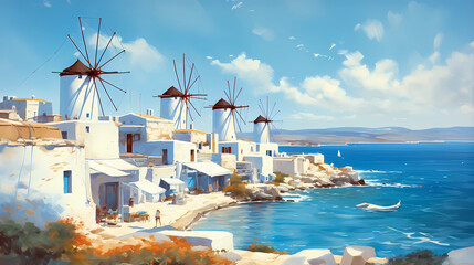 Fototapeta premium Illustration of beautiful view of Mykonos island, Greece