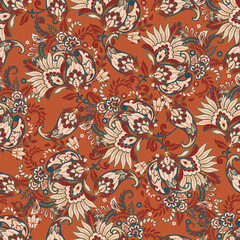 Paisley and ethnic flowers seamless pattern. floral vintage background