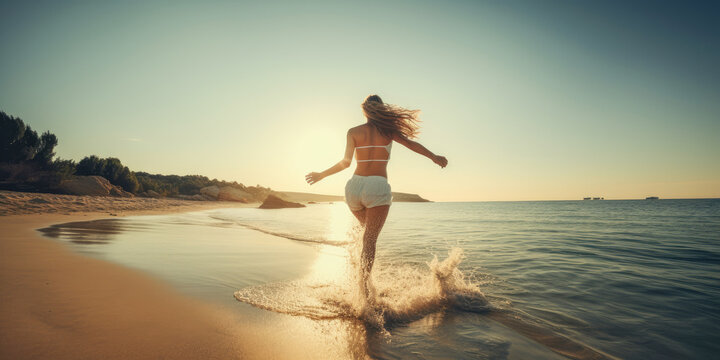 beautiful woman on the summer beach entering the sea of paradise, sunset, generative ai