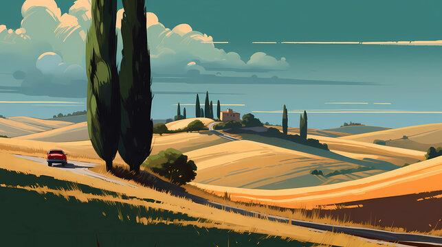 Illustration with a beautiful view of the hills of Tuscany, Italy