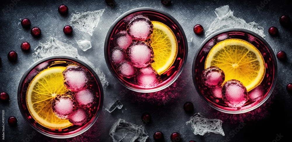 Poster copy space at the top of a picture of a couple drinking cranberry vodka and lemonade on ice. generat