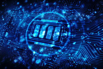 Digital lithium-ion rechargeable battery symbol, high voltage charging energy storage with glowing circuit board background, alternative energy technology concept, Battery Icon in digital background