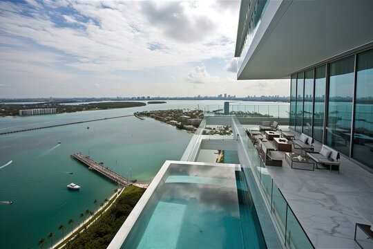 penthouse terrace with a swimming pool overlooking Miami, generative AI