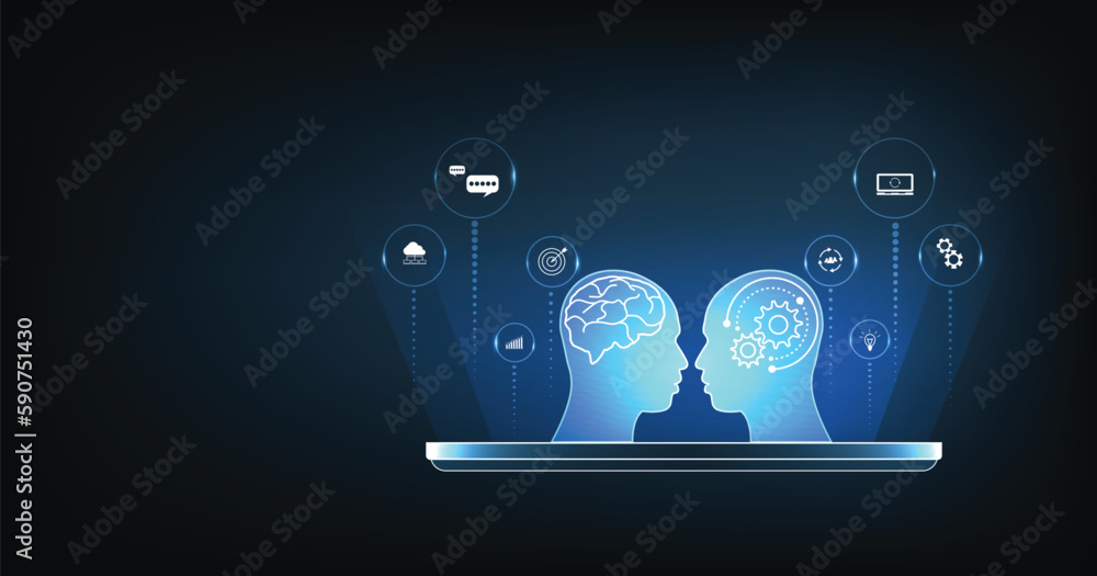 Poster human chat with ai or artificial intelligence. ai chatbot or artificial intelligence can communicate