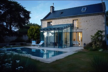 Beautiful stone house French style with veranda and pool, generative ai