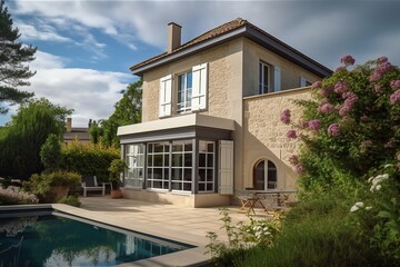 Fototapeta na wymiar Luxury stone classic updated villa with swimming pool and garden, generative ai