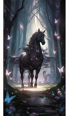 Beautiful black horse in forest