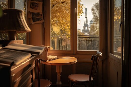 Retro Parisian cafe with a window with views to the  Eiffel Tower, AI generated