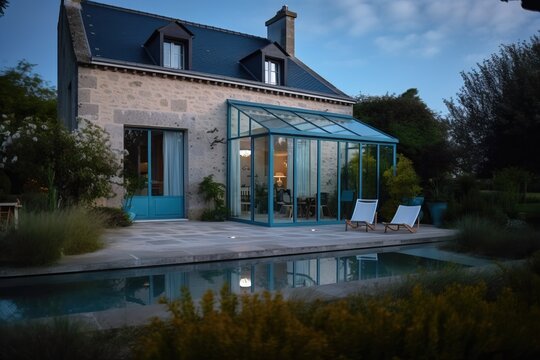 Beautiful stone house French style with veranda and pool, generative ai