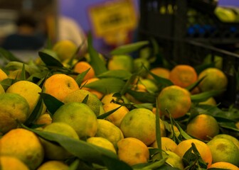 Selective focus shot of the various orange green tangerines in a fruit box of supermarket