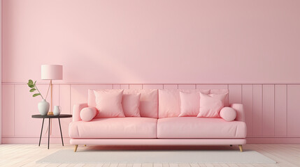 generative ai illustration of a pink pastel colored couch in a pink living room