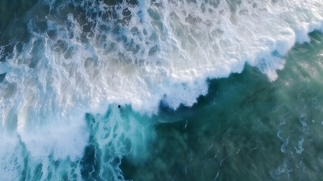 Spectacular aerial top view background photo of ocean sea water white wave splashing in the deep sea. Drone photo backdrop of sea wave in bird eye waves.