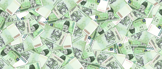 Financial Korean illustration. Seamless pattern. Randomly scattered paper banknotes of South Korea, denomination of 10000 won. Wallpaper or background. - obrazy, fototapety, plakaty
