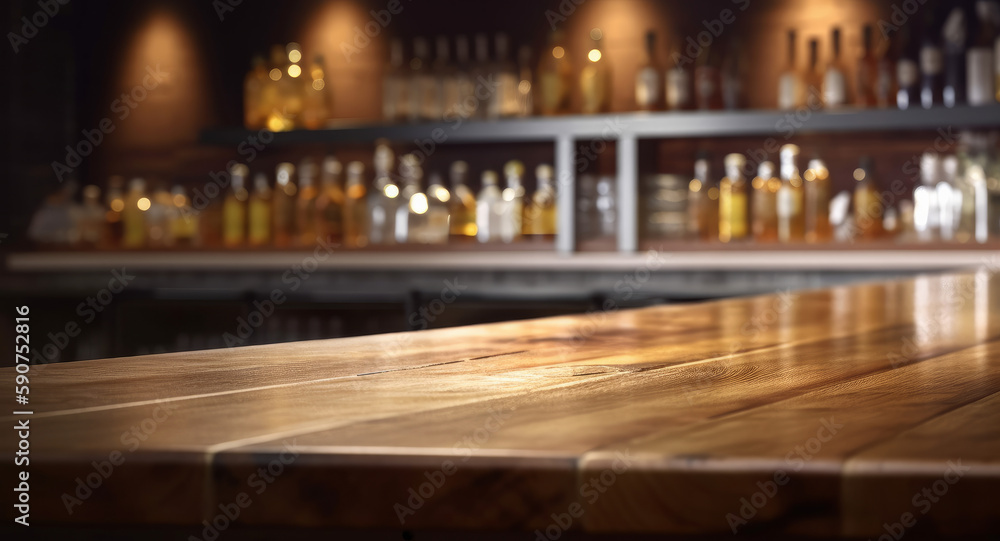 Poster an empty wooden counter table top for product display in a pub or bar. generative ai