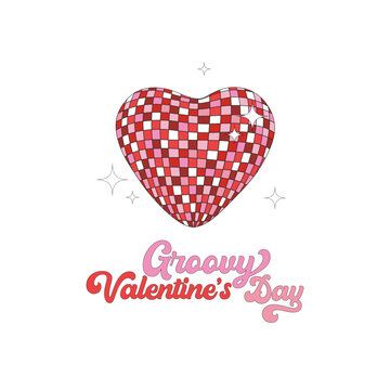 Groovy Hippie Sparkling Disco Heart illustration. Valentines Day design. Vector clip-art isolated on white.