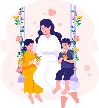 Young Mother with her daughter and son sitting on a swing decorated with flowers. Mother and her children embrace sitting on a swing. Happy Mother's Day