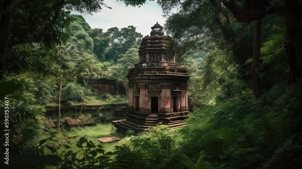 Poster a painting of a temple in the middle of a forest with trees and bushes surrounding it and a path lea