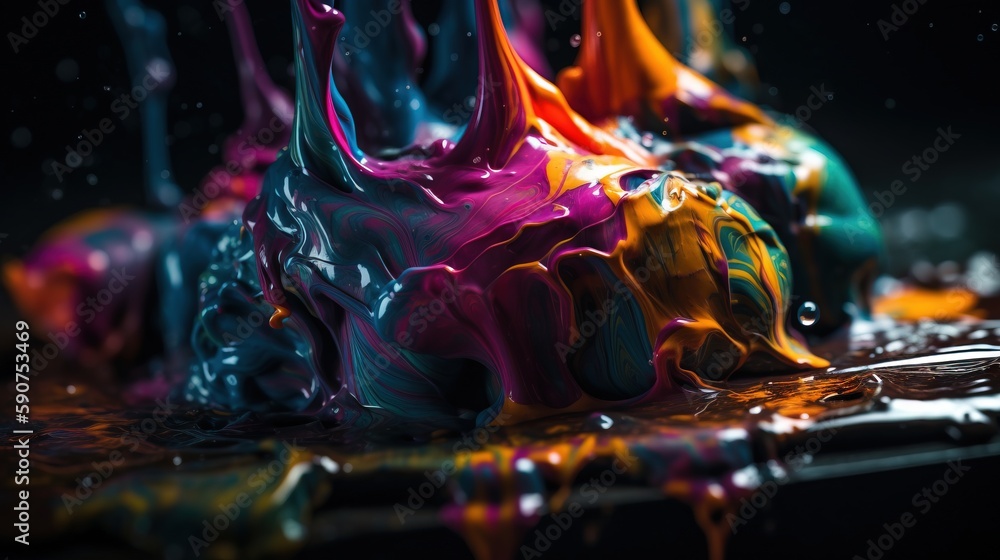 Poster a close up of a liquid filled surface with a black background and a few drops of paint on the surfac