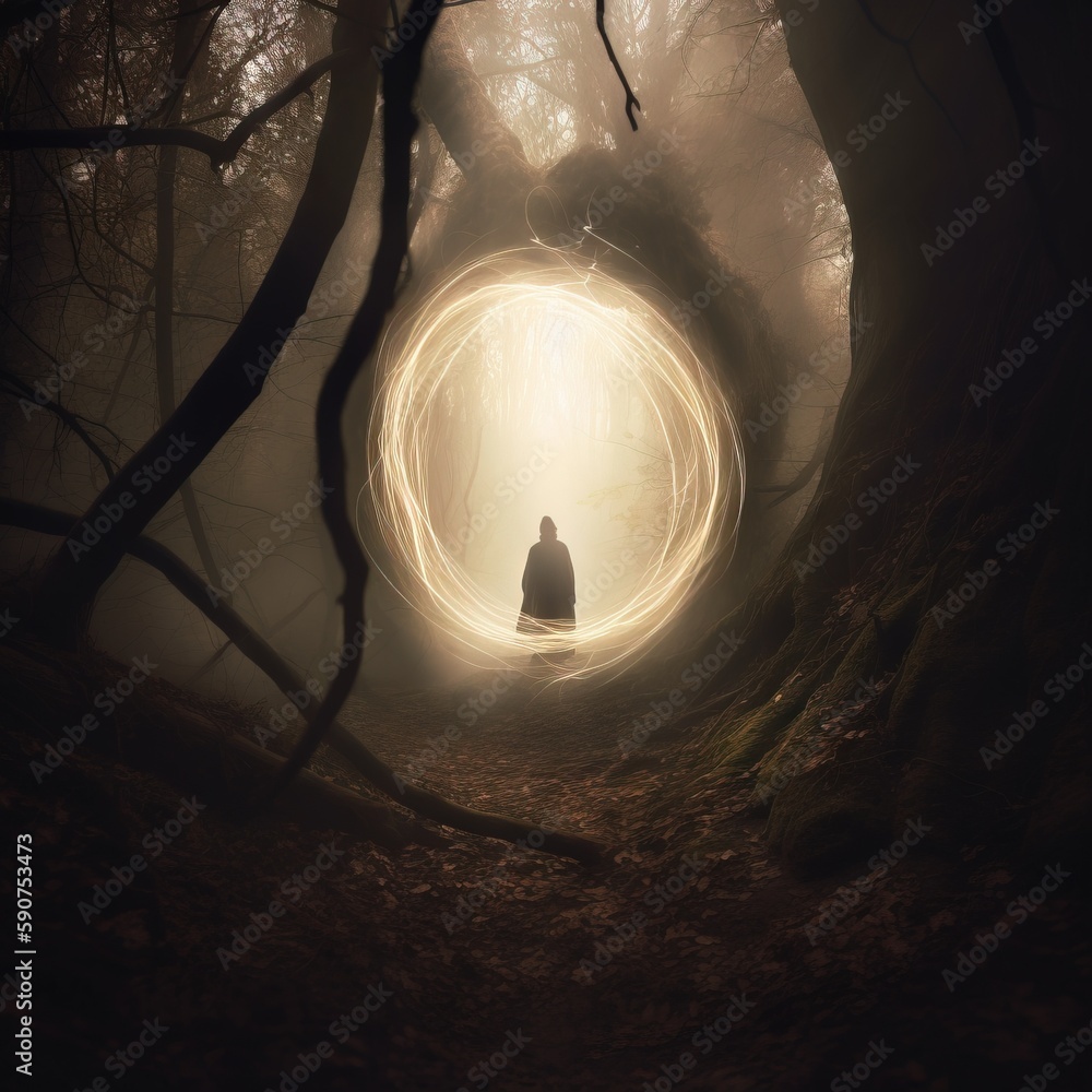 Aufkleber a person standing in the middle of a tunnel in the woods, surrounded by trees on either side the per