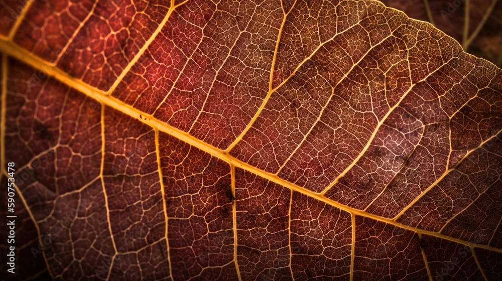 Poster a close up of a leaf's brown and yellow veining pattern on it's underside leaf, with a red spot in t