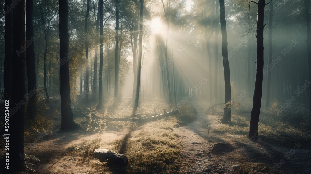 Poster a path through a forest with sunbeams shining through the trees on a foggy day with a bench in the m