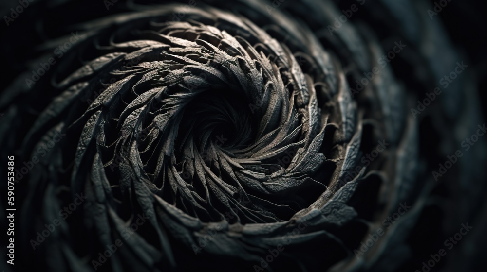 Aufkleber a black and white photo of a spiral of leaves in the center of the image is a dark background with o
