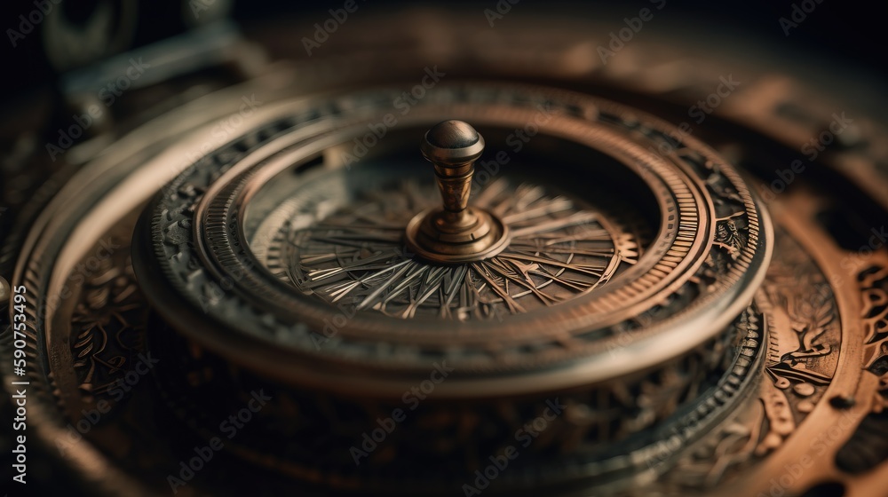 Poster a close up of a metal object with a compass on it's center piece and a metal object with a wooden ha