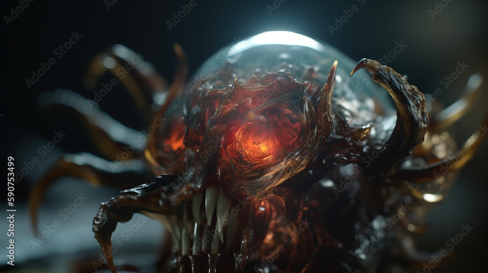 Poster a close up of a strange looking creature with a light on it's face and a creepy looking face on it's
