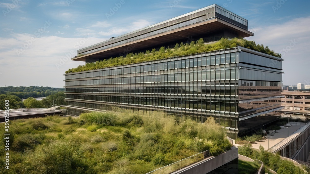 Poster a very tall building with a green roof and a lot of trees on top of the building and grass growing o