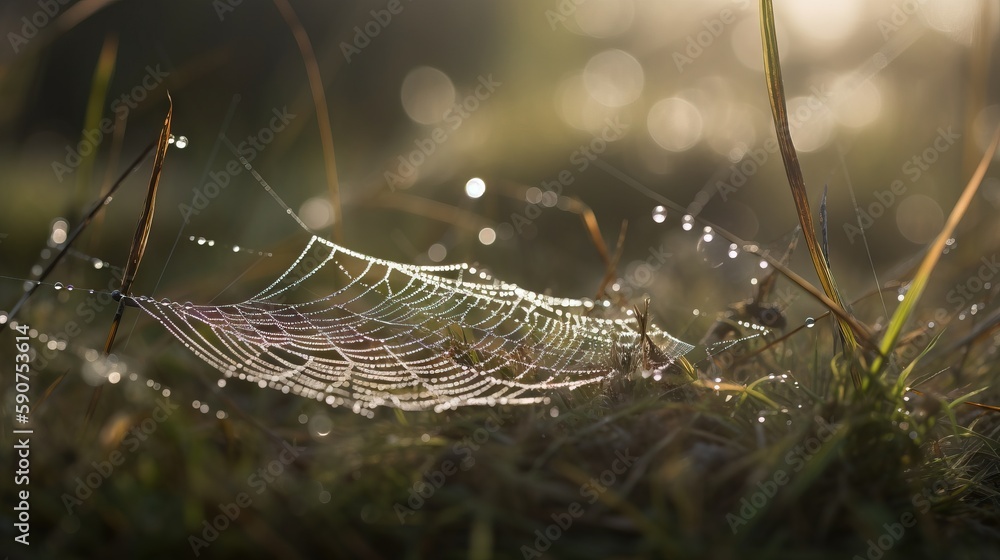 Poster  a close up of a dew covered leaf on a grass field with dew drops on the leaves and grass in the foreground, with a blurry background of the grass.  generative ai
